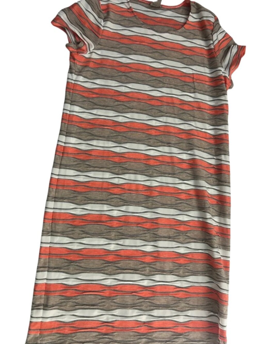 Chico's Coral, Cream & Taupe Striped T-Shirt Dress | Short Sleeve Casual Midi